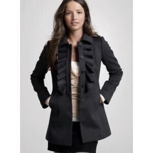 J. Crew Wool Ruffle Trim Front Button Pea Coat 17501 Black Womens Size Small